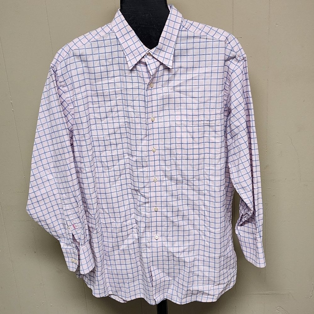 Tommy Bahama Men's 17 32-33 Pink Blue Checkered Cotton Button Down Shirt